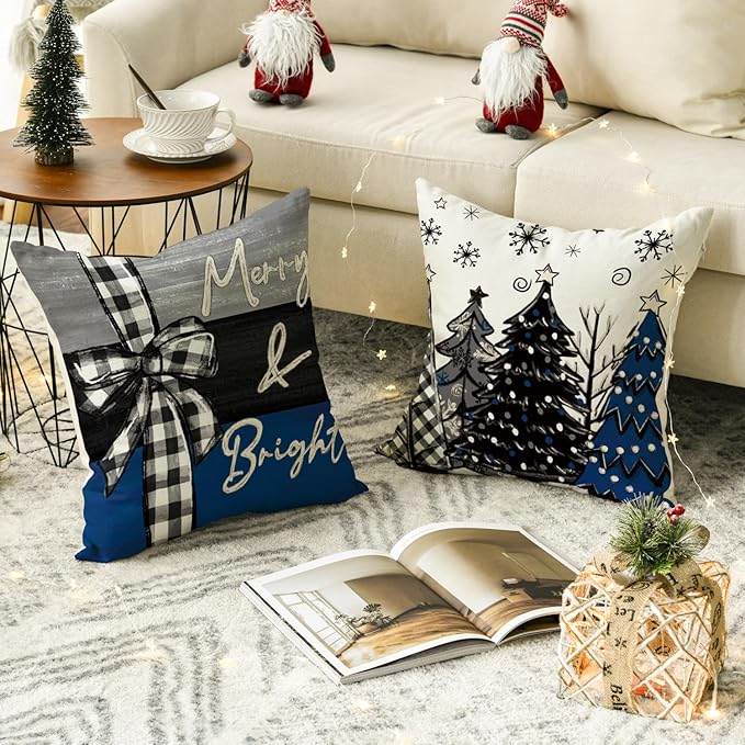 AVOIN colorlife Merry Christmas Joy Xmas Trees Blue and Black Throw Pillow Covers, 20 x 20 Inch Christmas Winter Holiday Cushion Case Decoration for Sofa Couch Set of 4 AVOINcolorlife