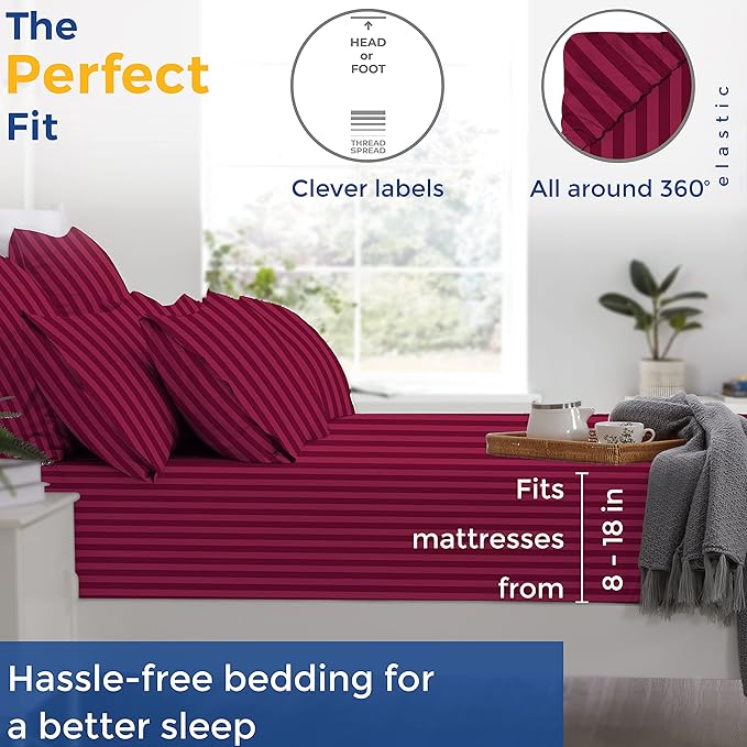 THREAD SPREAD Striped Egyptian Cotton Sheets Twin XL Size - 600 Thread Count 3 PC Damask Twin XL Sheets Deep Pocket, Sateen Weave College Dorm Bedding Twin XL, Fits Mattress upto 18" - Burgundy Stripe - LeafyLoom