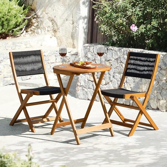 Solid Sauvage Bistro Set with Round Table (Grey), Wood Rope Design - Black - LeafyLoom