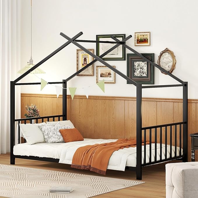 Twin Size Kids Montessori Floor Bed,House Bed Frame with High Headboard,Twin Floor Bed with Roof for Boys Girls,Floor Bed Metal Frame (Black) - LeafyLoom