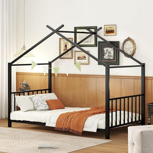 Twin Size Kids Montessori Floor Bed,House Bed Frame with High Headboard,Twin Floor Bed with Roof for Boys Girls,Floor Bed Metal Frame (Black) - LeafyLoom