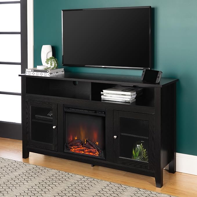 Walker Edison Glenwood Rustic Farmhouse Glass Door Highboy Fireplace TV Stand for TVs up to 65 Inches, 58 Inch, Black - LeafyLoom