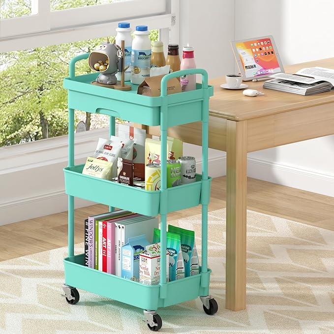 3-Tier Rolling Cart，Trolley with Drawer, Kitchen Storage Organizer with Plastic Shelf & Metal Wheels, Storage Cart for Living Room, Kitchen, Office, Bathroom, Green - LeafyLoom