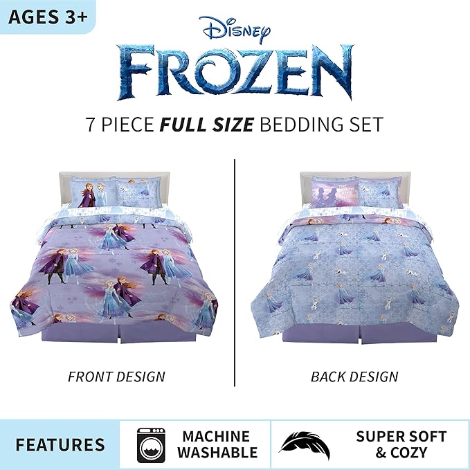 Disney Frozen 2 Kids Bedding Super Soft Comforter and Sheet Set with Sham, 7 Piece Full Size, "Official" Disney Product By Franco - LeafyLoom