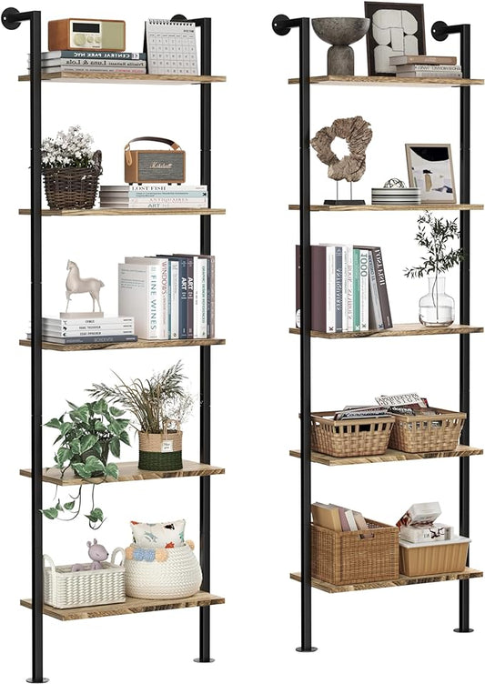 5-Tier Bookshelf Solid Wood Ladder Shelf, Narrow Book shelf Set of 2, Wooden Ladder Shelf Bookcase, Wall Mount Ladder Shelf, Storage Rack for Living Room, Bedroom, Industrial Style, Rustic Brown - LeafyLoom