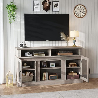 58 Inch TV Stand, Television Stands with 2 Tempered Glass Doors, Storage Cabinet and Shelves, Entertainment Center for Living Room, Barnwood - LeafyLoom