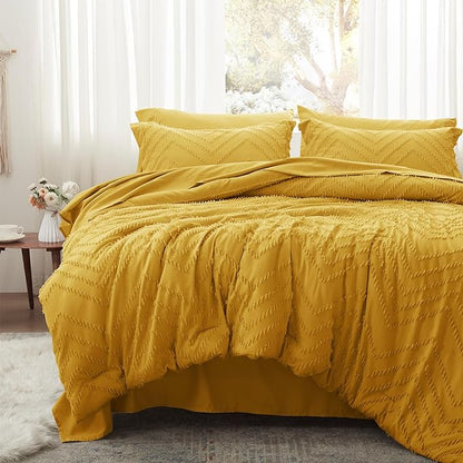 Anluoer Queen Comforter Set, Mustard Yellow Tufted Bed in a Bag 7 Pieces with sheets, All Season Bedding Sets with 1 Comforter, 2 PillowShams, 2 Pillowcases, 1 Flat Sheet, 1 Fitted Sheet - LeafyLoom