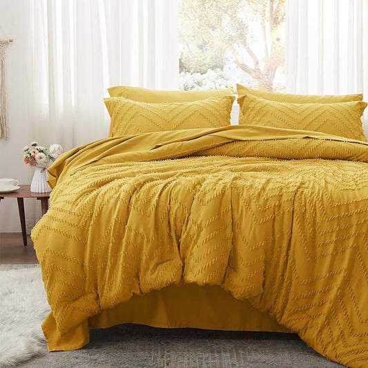 Anluoer Twin Comforter Set, Mustard Yellow Tufted Bed in a Bag 5 Pieces with comforters and sheets, All Season Bedding Sets with 1 Comforter, 1 PillowShams, 1 Pillowcases, 1 Flat Sheet, 1 Fitted Sheet - LeafyLoom