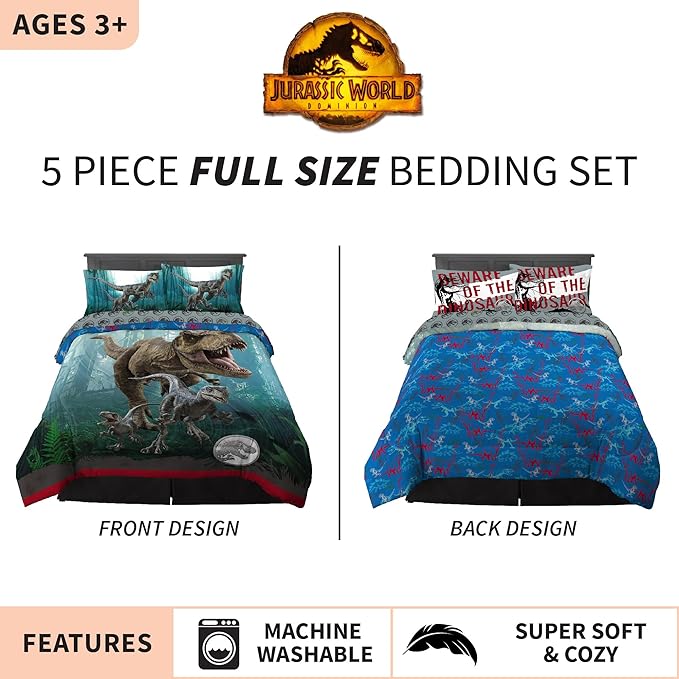 Franco Kids Bedding Super Soft Comforter and Sheet Set, 5 Piece Full Size, Jurassic World Dominion - LeafyLoom