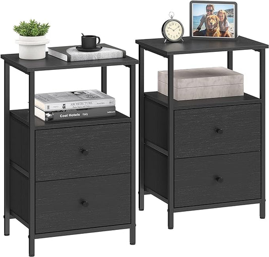 VASAGLE Nightstand Set of 2, Side Tables with 2 Fabric Drawers, 24-Inch Tall End Tables with Storage Shelf, Bedroom, Ash Black and Black ULGS225B21 - LeafyLoom