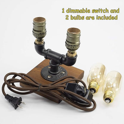 Steampunk Lamp with Dimmer, Dimmable Loft Style Industrial Vintage Antique Style Light with 2 Bulbs, Wood Base with Iron Piping Desk Lamp, Retro Desk Lamp LL-027 - LeafyLoom