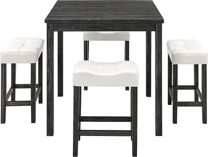 5 Piece Square, Industrial Breakfast Table + 4 Upholstered Stools, Bistro Dining Set, for Living, Small Apartment, Farmhouse, Game Room, Black+White - LeafyLoom