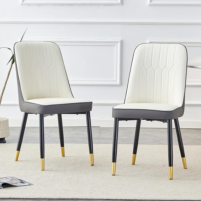 Modern Set of 2, Faux Leather Dining PU Upholstered Kitchen Chair with Black Golden Metal Legs for Home Living Room, Restaurant, 2 Piece, White+gray - LeafyLoom