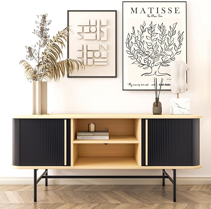 Roomfitters Mid Century Modern TV Stand with Tambour Door for TVs up to 65", Sideboard Buffet Tambour Cabinet with Sliding Door, Entertainment Center for Living Room, Media Console with Storage, Black - LeafyLoom