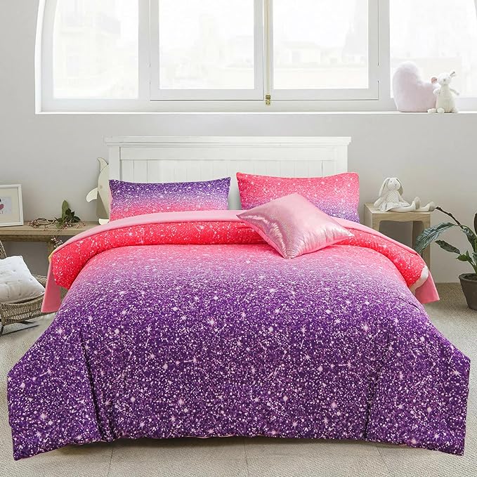 A Nice Night Girls Comforter Set Twin Size 6 Piece Bed in A Bag 3D Colorful Sparkle Galaxy Rainbow Bedding Comforter Sheet Sets for Kids,RedPurple - LeafyLoom