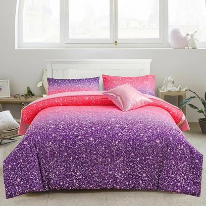 A Nice Night Girls Comforter Set Full 6 Piece Bed in A Bag 3D Colorful Sparkle Galaxy Rainbow Bedding Comforter Sheet Sets for Kids,RedPurple - LeafyLoom