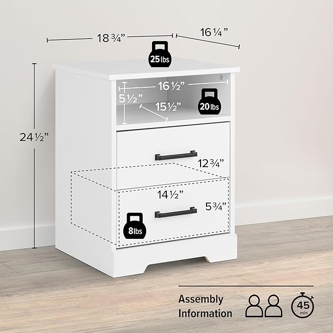 Prepac 2 Drawer Nightstand, 16.25in x 18.75in x 24.5in, Rustic White - LeafyLoom