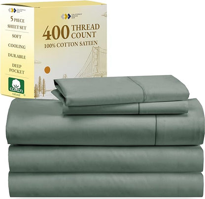 Split King Sheets for Adjustable Bed, Soft 100% Cotton Sheets, 400 Thread Count Sateen,5 Pc Set - 2 Twin-XL Fitted Sheets, Deep Pocket Sheets, Cooling Sheets, Beats Egyptian Cotton Claims (Sage Green) - LeafyLoom