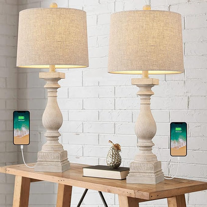 BOBOMOMO 27" Table Lamp with USB C+A Charging Ports Set of 2 Antique Nightstand Lamp for Bedroom Living Room Farmhouse Office Retro Rustic Resin Bedside Desk Lamps Washed White - LeafyLoom