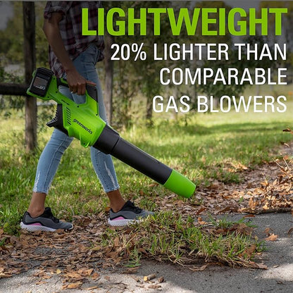 Greenworks 48V (2 x 24V) Cordless Brushless Axial Leaf Blower (140 MPH / 585 CFM / 125+ Compatible Tools), (2) 4.0Ah Batteries and Dual Port Rapid Charger Included - LeafyLoom