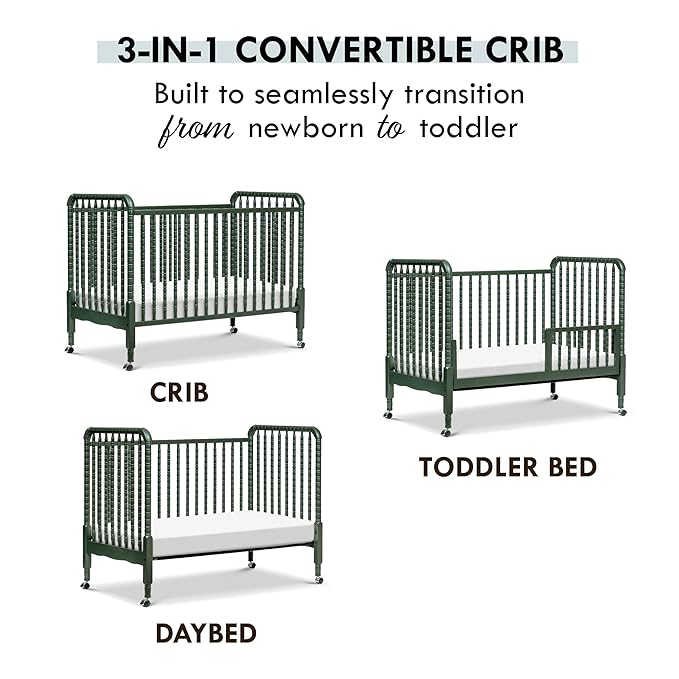 DaVinci Jenny Lind 3-in-1 Convertible Crib in Forest Green, Removable Wheels, Greenguard Gold - LeafyLoom