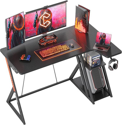 CubiCubi Aurora Gaming Desk with Carbon Fiber Surface, 40 Inch L Shaped Desk with Storage Shelves, Small Corner Computer Desk with Monitor Shelf, Gamer Desk PC Table, Black - LeafyLoom