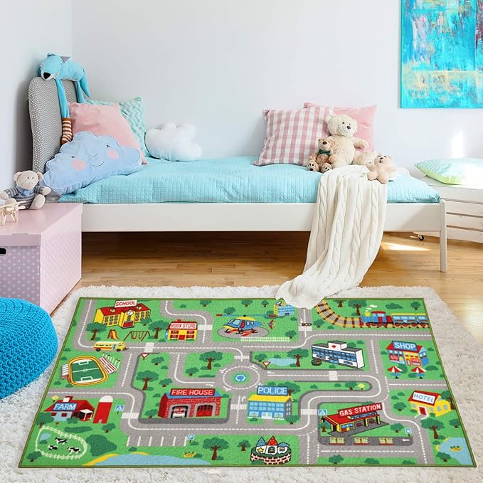 Kids Play Rug for Playroom 5.2x3.3 ft Town City Road Map Car Mat Play Mat Educational Learning Carpet Area Rug for Boy Girl Toddler Bedroom Playroom - LeafyLoom