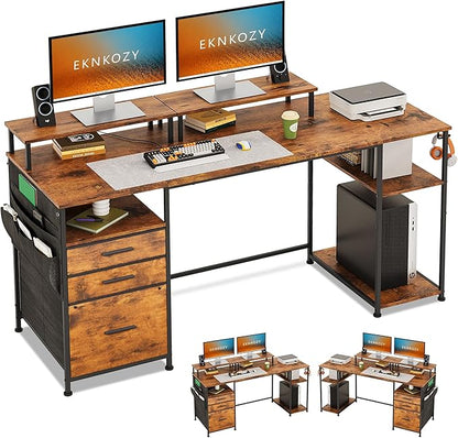 Computer Desk with 3 File Cabinet Drawers, 57.8'' Reversible Gaming Desk, Office Desk with Storage Shelves and Dual Monitor Stand for Home & Office (Rustic Brown) - LeafyLoom