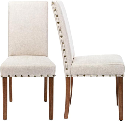 Upholstered Parsons Dining Chair with Nailhead Trim and Sturdy Solid Wood Legs, Set of 2, Cream - LeafyLoom