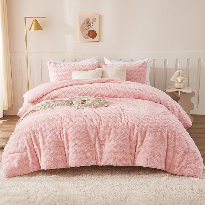 Andency Pink Fleece Comforter Set Queen Size, 3 Pieces Plush Shaggy Faux Fur Bed Comforter Set for Queen Bed, Fuzzy Fluffy Warm Bedding Set for Women Girls - LeafyLoom