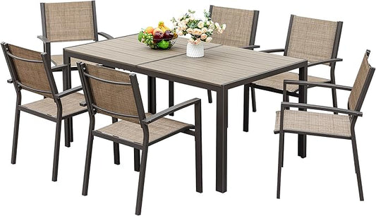 JUMMICO Outdoor Dining Set 7 Piece Patio Furniture Set with Weather Resistant Table and 6 Textilene Chairs for Yard, Deck and Poolside (Brown) - LeafyLoom