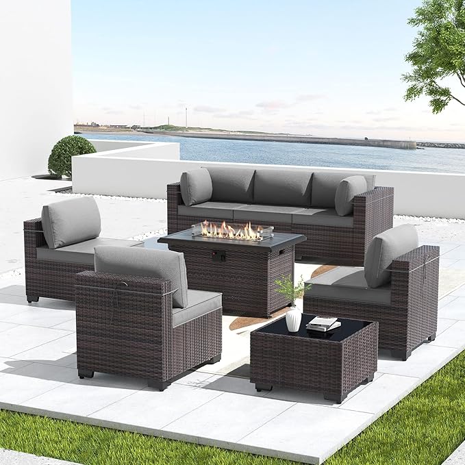 Kullavik 8 Pieces Outdoor Patio Furniture Set with 43" Gas Propane Fire Pit Table PE Wicker Rattan Sectional Sofa Patio Conversation Sets,Grey - LeafyLoom