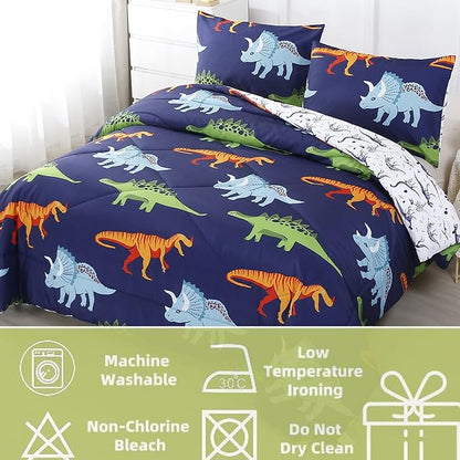 RYNGHIPY Cartoon Dinosaur Comforter Set, Dark Blue Dinosaur Kids Bedding Set for Boys, Dinosaurs Print Comforter Sets for Kids/Toddlers/Teens (Dinosaur,Twin) - LeafyLoom