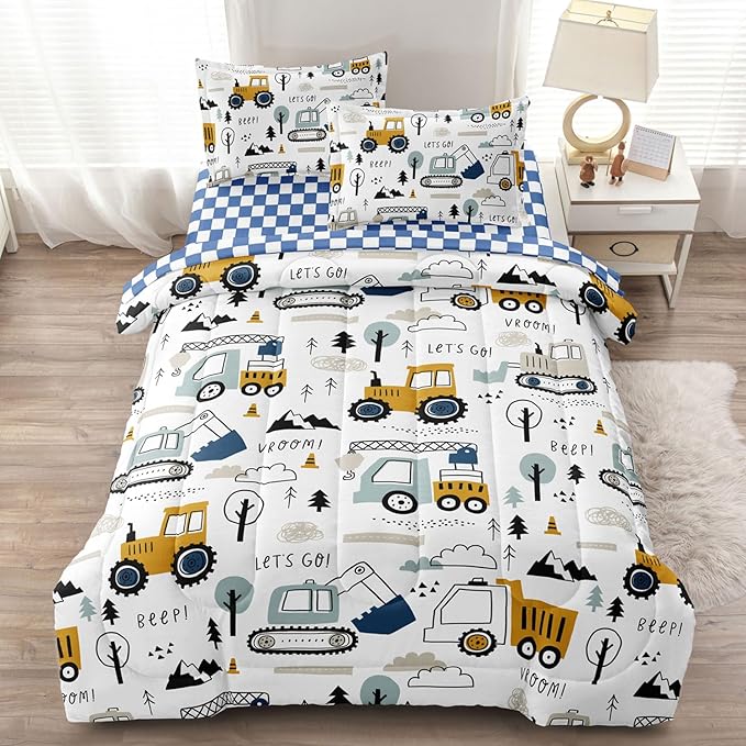 5-Pcs Construction Full Size Boys Bedding Set, Kids Comforter Set for Teens w/Sheets and Pillowcase, Soft Cartoon Tractor Cars Bed in a Bag Sets - LeafyLoom