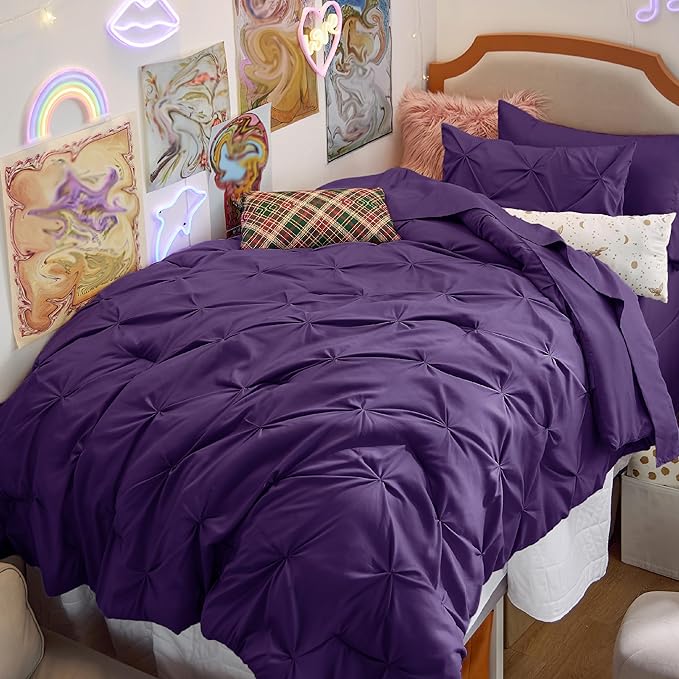 Bedsure Twin Size Comforter Set 5 Pieces - Pintuck Twin Bedding Set, Pinch Pleat Purple Twin Size Bed in a Bag with Comforter, Sheets, Pillowcase & Sham - LeafyLoom