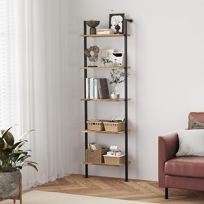 5-Tier Bookshelf Solid Wood Ladder Shelf, Narrow Book shelf Display Shelf, Wooden Ladder Shelf Bookcase, Wall Mount Ladder Shelf, Storage Rack for Living Room, Bedroom, Industrial Style, Rustic Brown - LeafyLoom