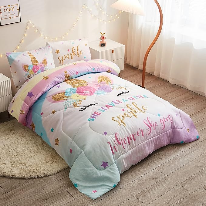 Twin Size Comforter Set for Girls, 3-Piece Bed in a Bag, 3D Colorful Unicorn Bedding Comforter Sheet Set, Ultra Soft and Fluffy, Pink & Rainbow Color - LeafyLoom