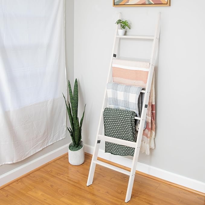 Ilyapa Blanket Ladder for The Living-Room - Rustic Decorative Quilt Ladder with Folding Construction for Easy Storage, White Weathered Wood - LeafyLoom