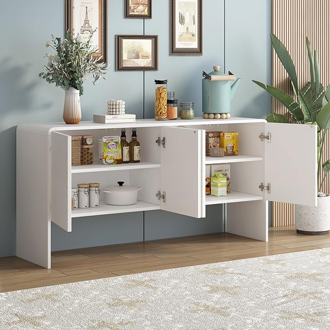 60" L Large Storage Space Sideboard with 4 Doors,Elegant Minimalist Style Buffet Cabinet,W/Adjustable Shelves and Rebound Device,Console Table for Living Room Entryway Kitchen,White - LeafyLoom