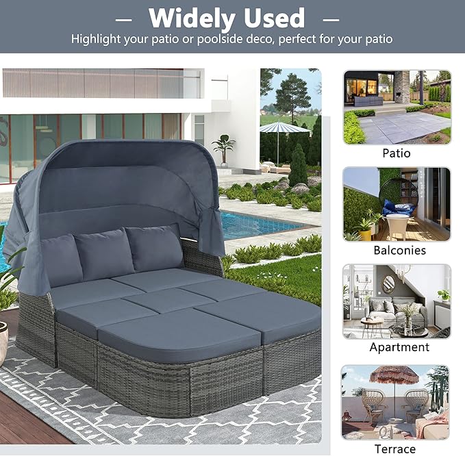 Rectangle Furniture Daybed Sunbed with Retractable Canopy, Outdoor Wicker Conversation Set with Cushions for Patio, Backyard, Porch, Garden, Onesize, Hb-Gray - LeafyLoom