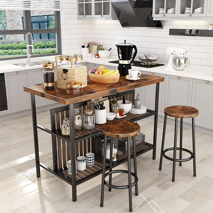 DKLGG Kitchen Island with Storage, 3 Piece Dining Table Set with 2 Tier Storage Shelves, Bar Table with Barstool, Sturdy Island Table with Chairs for Restaurant, Living Room - LeafyLoom