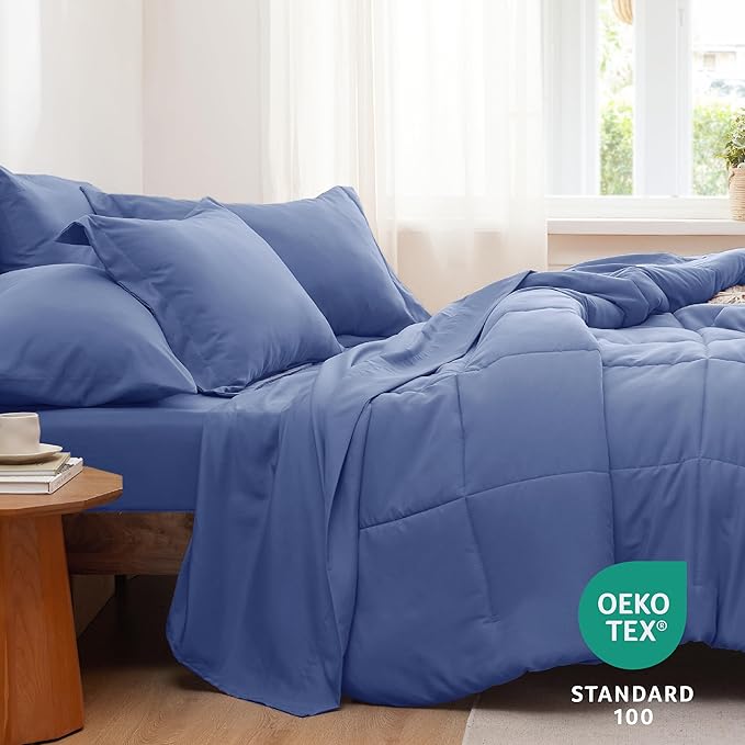 Bedsure Infinity Blue King Size Comforter Set - 7 Pieces Solid King Bed in a Bag, King Bed Set Infinity Blue with Comforters, Sheets, Pillowcases & Shams - LeafyLoom