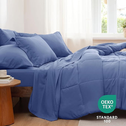 Bedsure Infinity Blue Queen Comforter Set - 7 Pieces Solid Queen Bed in a Bag, Queen Bed Set Infinity Blue with Comforters, Sheets, Pillowcases & Shams - LeafyLoom