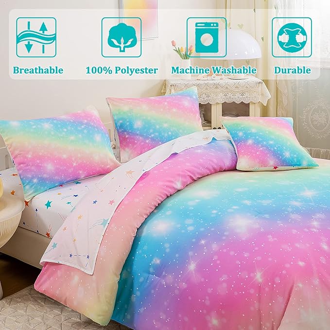 Glitter Galaxy Comforter Set 6 Pcs Bed in A Bag, Ombre Pink Blue Rainbow Girls Full Size Bedding Sets with Sheets - LeafyLoom