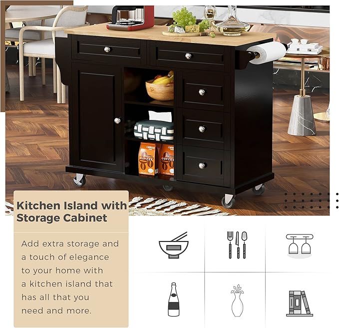 Island with Storage Cabinets, Rolling Mobile Kitchen-cart with Rubber Wood Desktop and 5 Drawers & Open Shelves, Sideboard for Dining Room, Home Bar, Black, 52.8 Inch - LeafyLoom