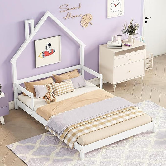 Full Size Bed Frame for Kids,House-Shaped Headboard Kids Bed,Girls Bed with Handrails,Low Platform Bed for Boys Girls,No Box Spring Needed(White) - LeafyLoom