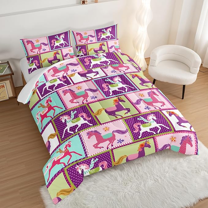 HOSIMA 3Pcs Kawaii Kids Horse Comforter Set with 2 Pillowcases,Colorful Dots Style Comforter for Adults Teens Princess Toddler Bedding Set,Horse Pony King Size Comforter Set. - LeafyLoom