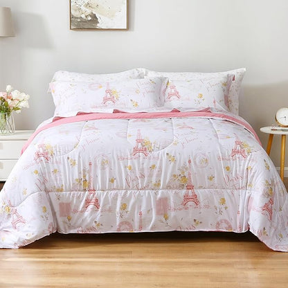 Printed King Bedding Sets with Comforter and Sheets, 7 Piece Bed in A Bag Comforter Set with Fluffy Microfiber, Romantic Paris City Floral Pink Retro Eiffel Tower Pattern - LeafyLoom