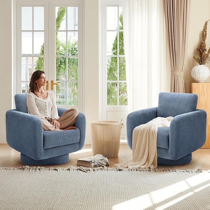 COLAMY Swivel Accent Chairs for Living Room, 32Inches Wide Upholstered Armchair with Plush Back Pillow, Modern Sofa Corner Barrel Chair for Nursery/Living Room/Bedroom-Blue - LeafyLoom