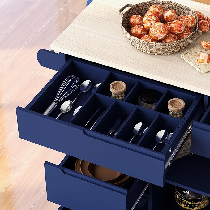 Kitchen Island with Storage, Rolling Table on Wheels w/Handle-Free Drawers Including a Flatware Organizer for Dinning Room, Rubber Wood Contertop - LeafyLoom